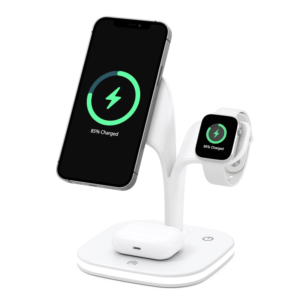 Three-device wireless charging station for phone, watch and headphones on desktop