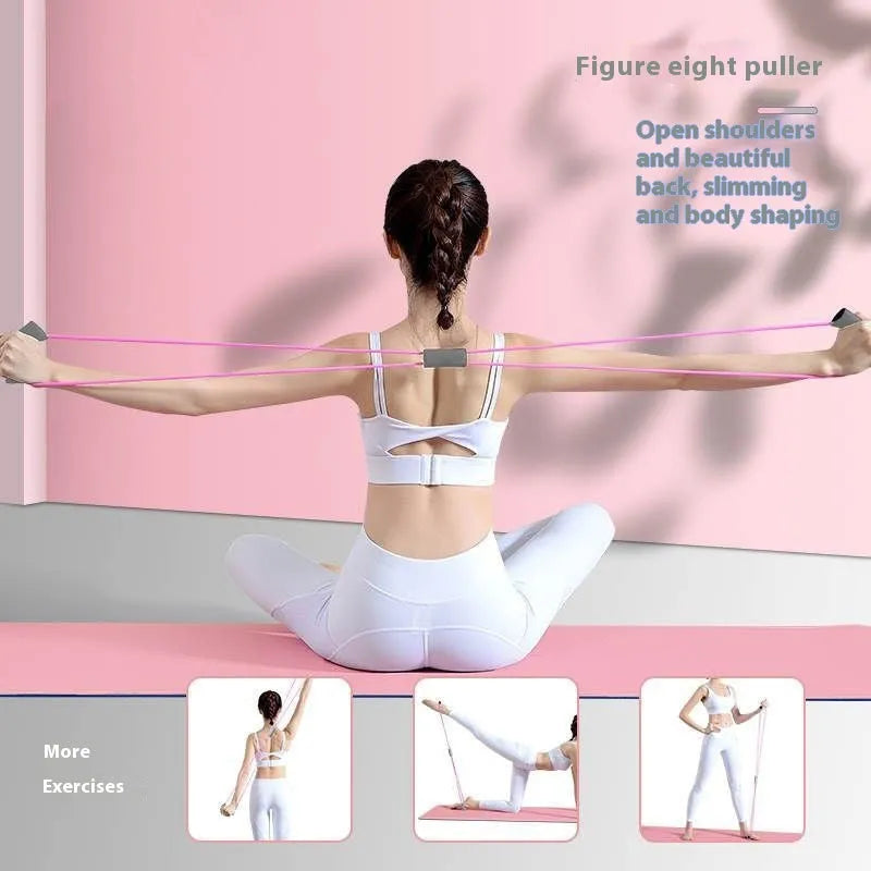 Yoga four piece set showing leg stretching device, pedal exerciser, yoga ring, and tension rope for home fitness training