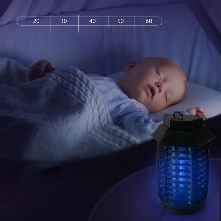 Black aromatherapy mosquito lamp with a visible glass UV tube and metal grid.