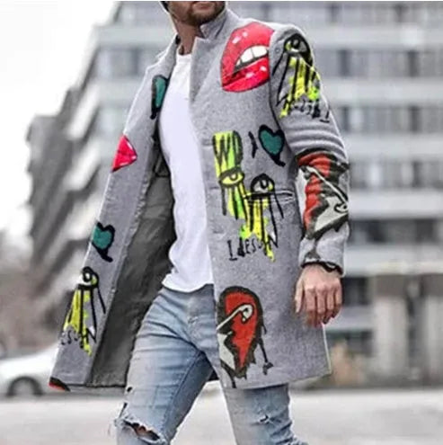 Men's grey loose button long trench coat winter cotton blend front view