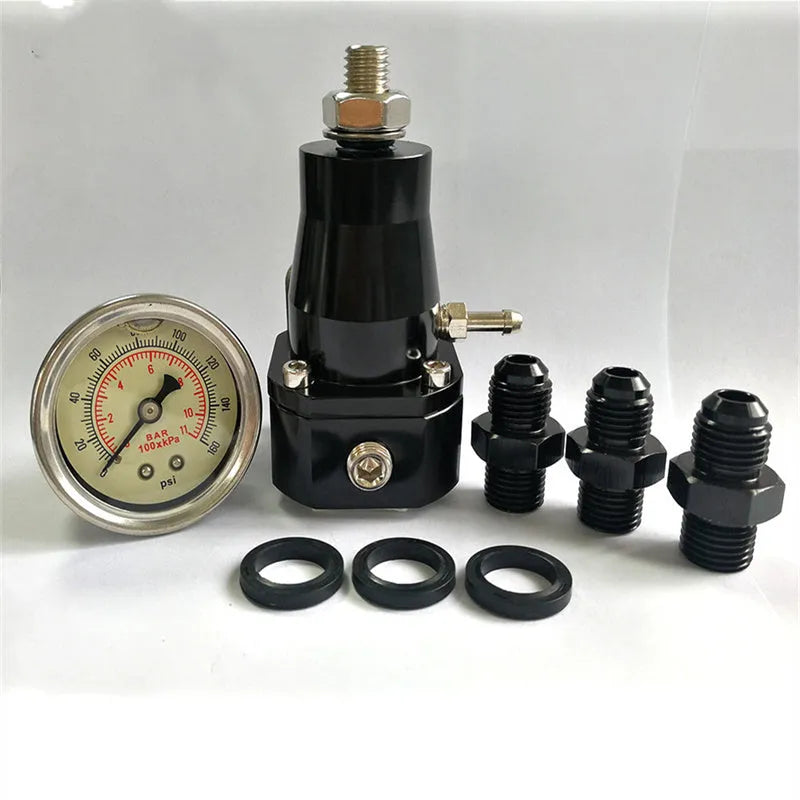Black aluminium fuel pressure regulator with adjustment port for electronic injection systems
