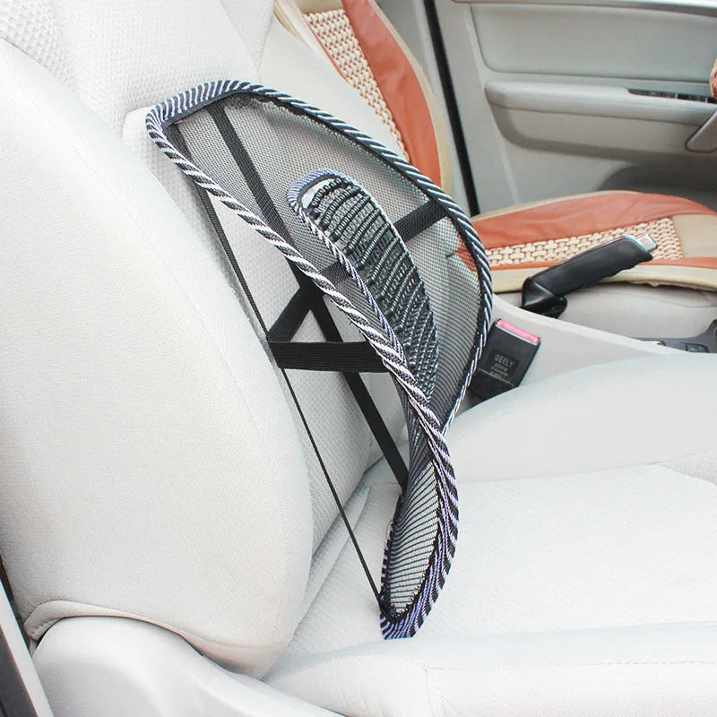 Black car lumbar support pillow with steel wire frame measuring 41x39cm