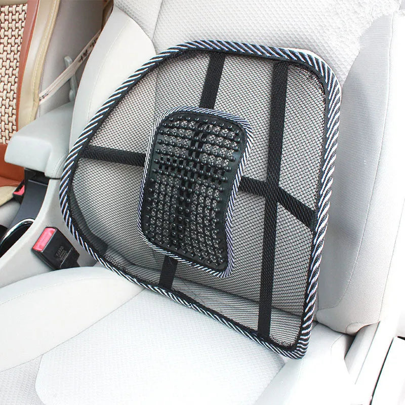 Black car lumbar support pillow with steel wire frame measuring 41x39cm