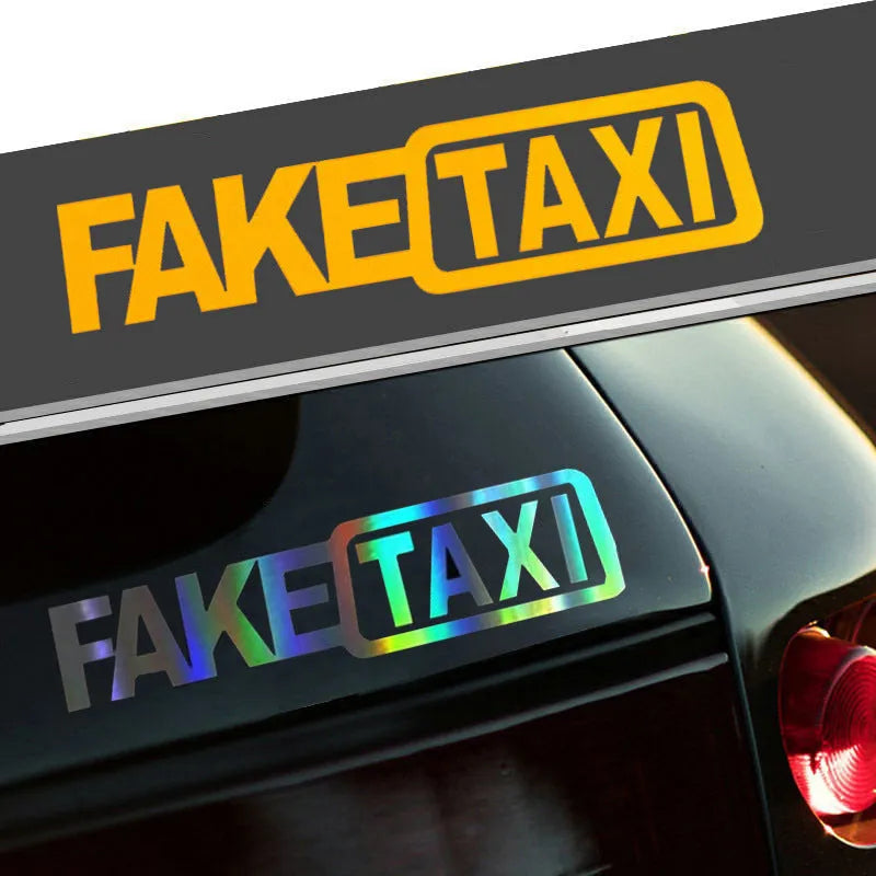 Waterproof black FAKE TAXI car sticker on a vehicle windshield, showing 20x8cm size.