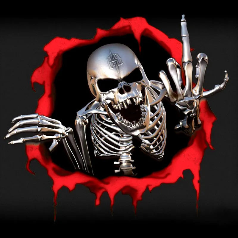 Reflective colourful broken shell peeping metal skull car sticker measuring 15x14cm