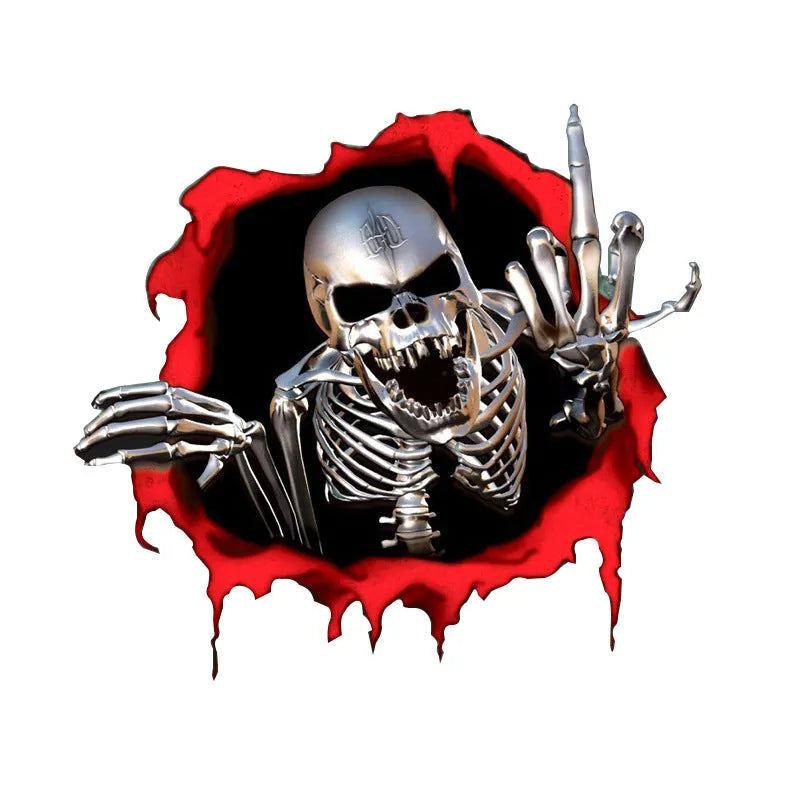 Reflective colourful broken shell peeping metal skull car sticker measuring 15x14cm
