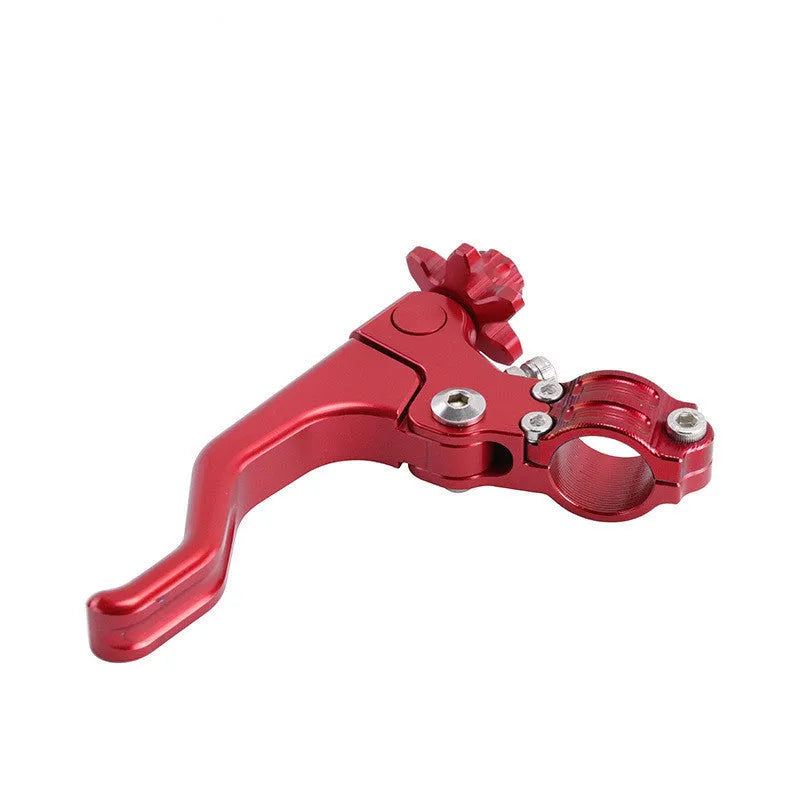 Set of two finger motorcycle clutch levers in aluminium alloy shown in multiple colour options including red, blue, and black.