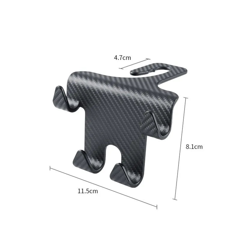 Black ABS plastic car hook with integrated phone holder bracket for rear seat organisation.
