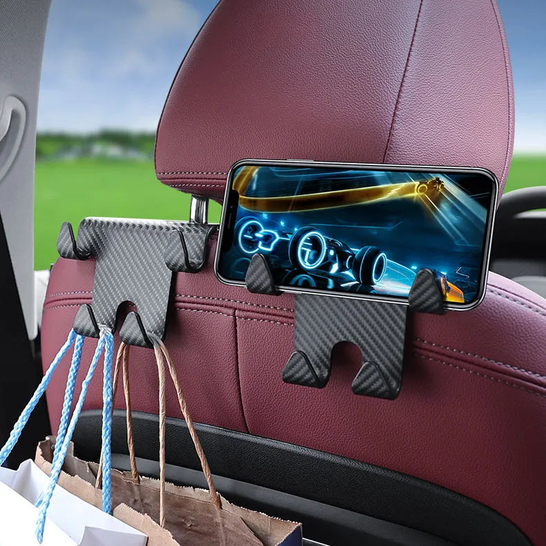 Black ABS plastic car hook with integrated phone holder bracket for rear seat organisation.