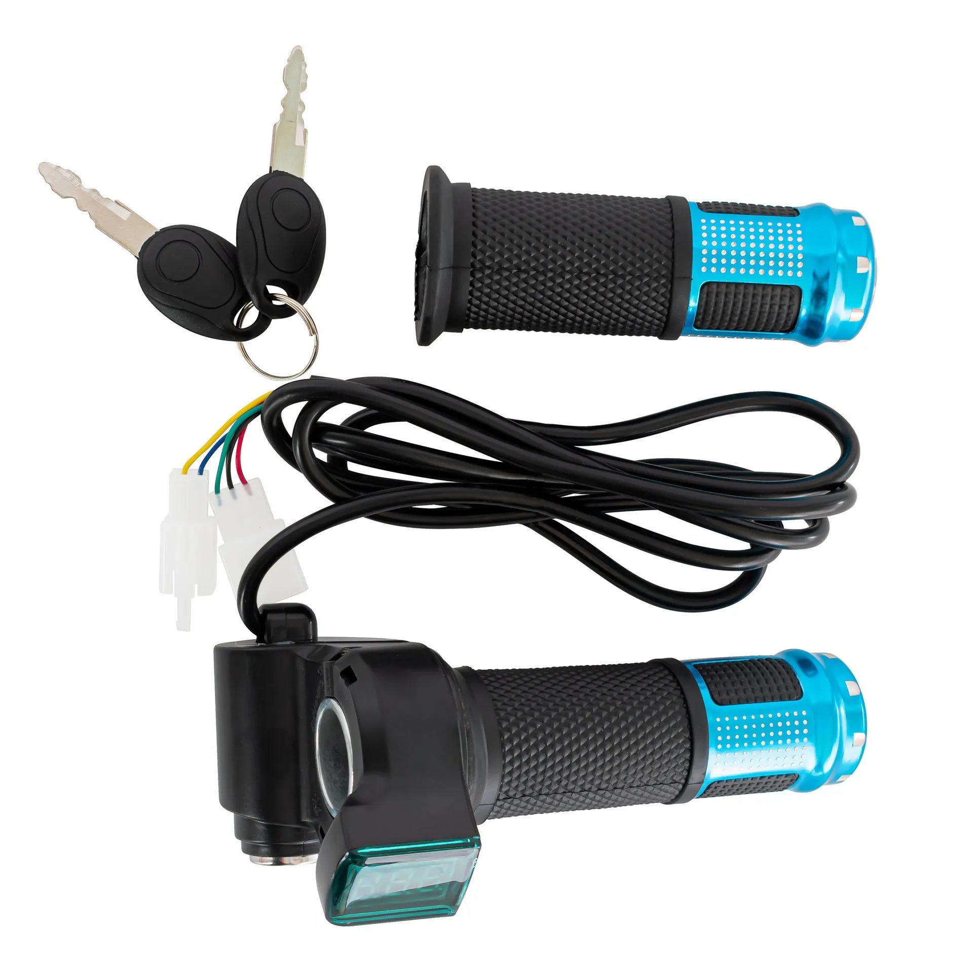 Electric vehicle handlebar control section in blue, red, silver, and yellow colour options