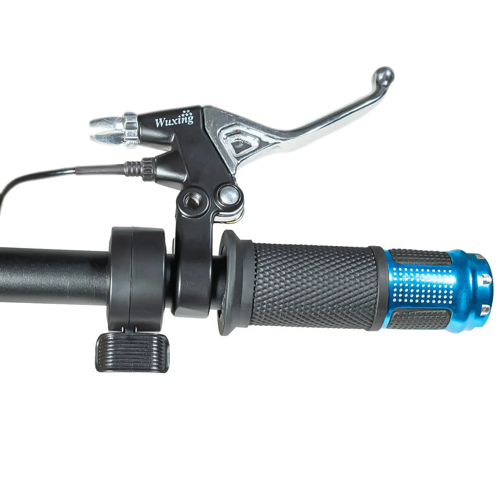 Electric vehicle handlebar control section in blue, red, silver, and yellow colour options