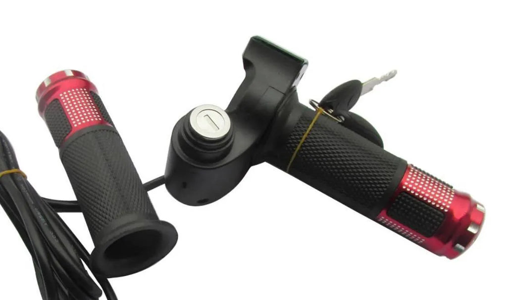 Electric vehicle handlebar control section in blue, red, silver, and yellow colour options