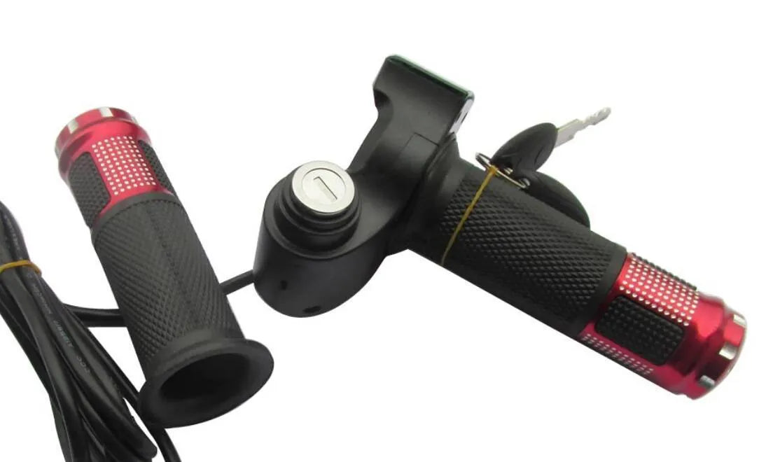 Electric vehicle handlebar control section in blue, red, silver, and yellow colour options