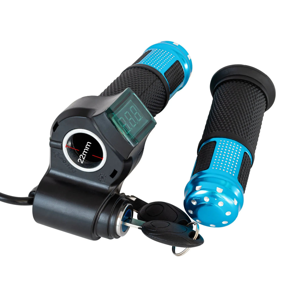 Electric vehicle handlebar control section in blue, red, silver, and yellow colour options