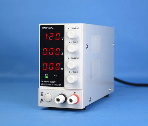 White NPS605W adjustable DC bench power supply with digital displays for voltage and current settings.