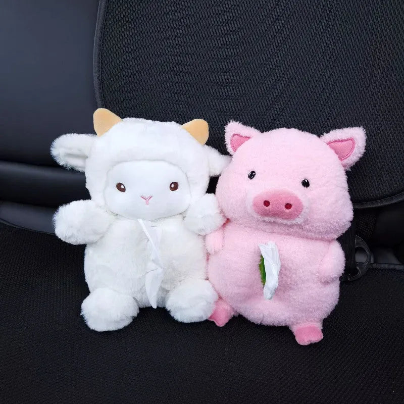 Plush cartoon animal tissue box for car and home decoration in lamb and pig designs