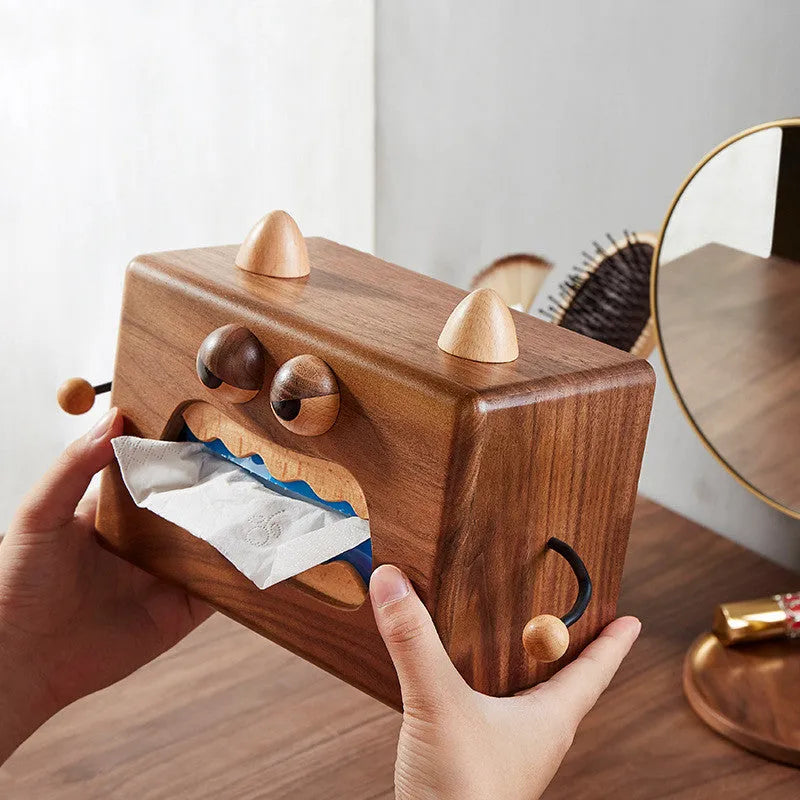 Cartoon little monster design wooden tissue box in walnut beech colour
