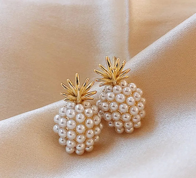Korean style pineapple starfish pearl earrings with alloy electroplated finish and artificial gemstone inlays