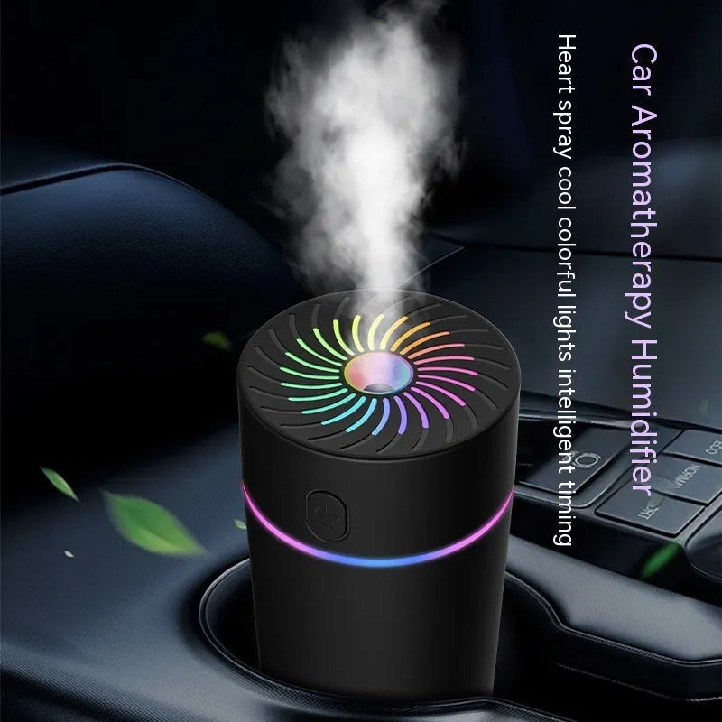 Compact white car USB humidifier with aromatherapy function showing USB connection and water reservoir