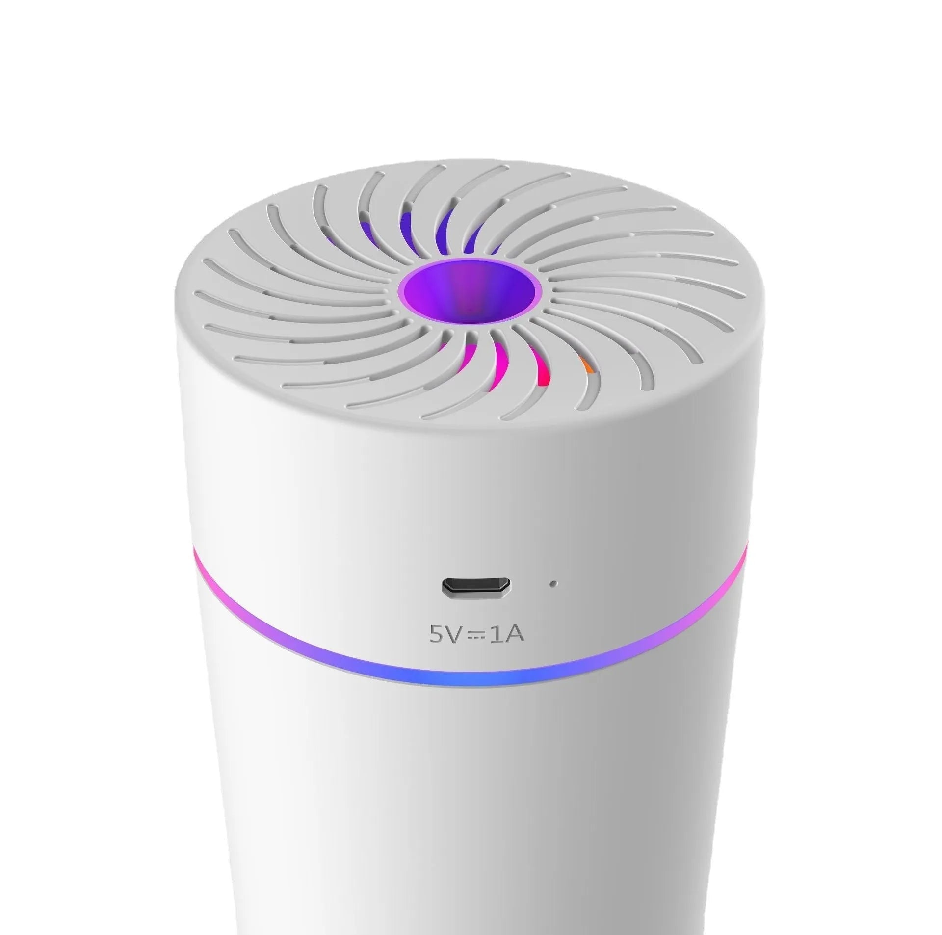 Compact white car USB humidifier with aromatherapy function showing USB connection and water reservoir