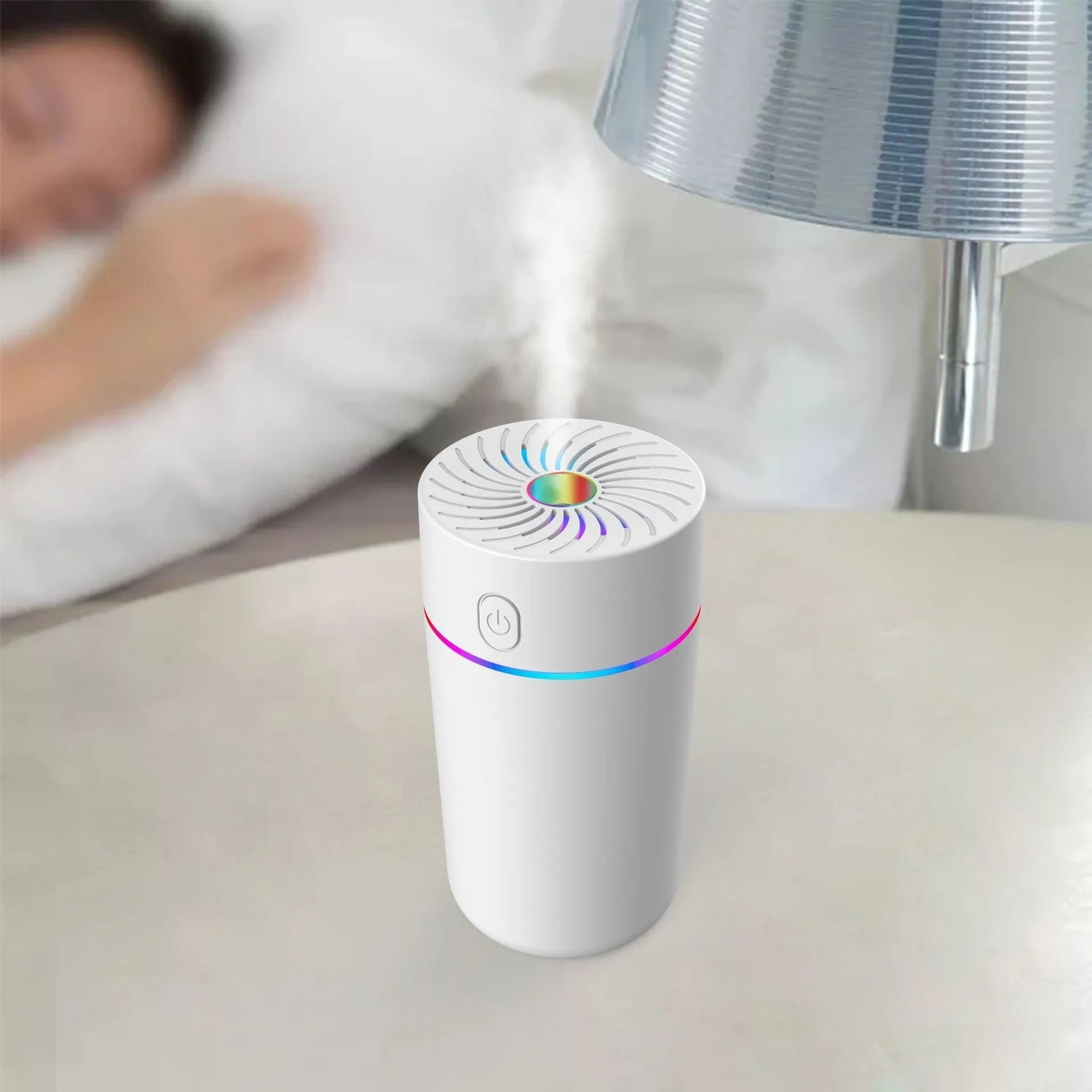 Compact white car USB humidifier with aromatherapy function showing USB connection and water reservoir