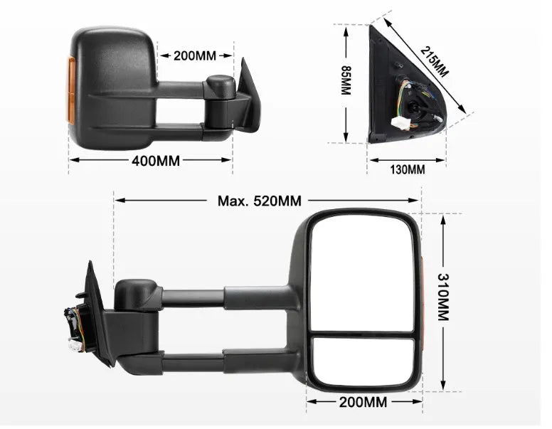 Black electric exterior rear view mirror with side indicator light for Nissan NP300 D23 van.