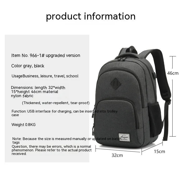Grey nylon backpack with USB charging port showing dimensions and trolley attachment feature