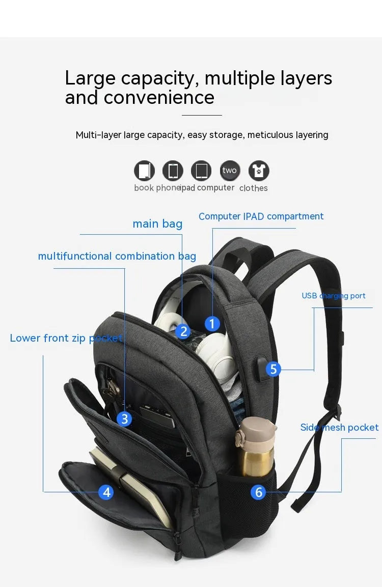 Grey nylon backpack with USB charging port showing dimensions and trolley attachment feature