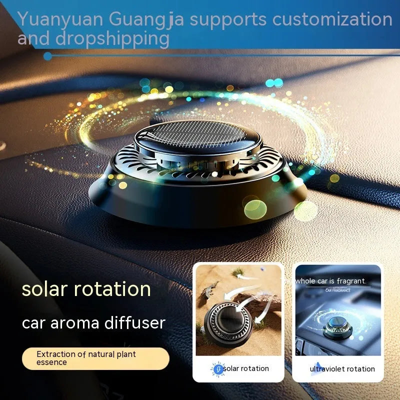 Solar-powered kinetic double-ring car air freshener diffuser in black plastic.