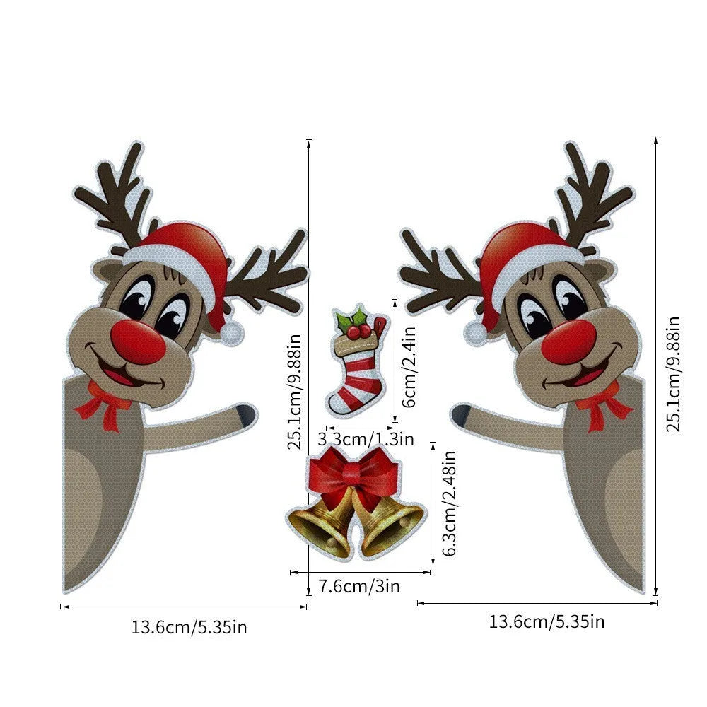 Set of magnetic Christmas elk bell cartoon design bumper stickers with reflective luminous finish.