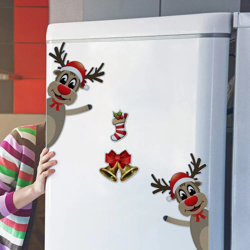 Set of magnetic Christmas elk bell cartoon design bumper stickers with reflective luminous finish.