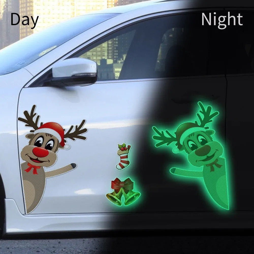 Set of magnetic Christmas elk bell cartoon design bumper stickers with reflective luminous finish.