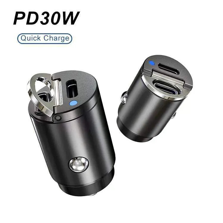 Mini black car cigarette lighter charger with PD and QC 3.0 ports