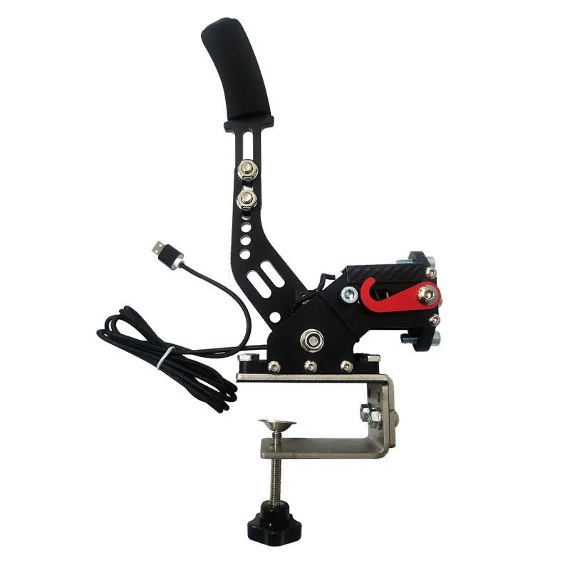 USB racing simulator handbrake with mounting clamp in choice of five colours on a grey background.