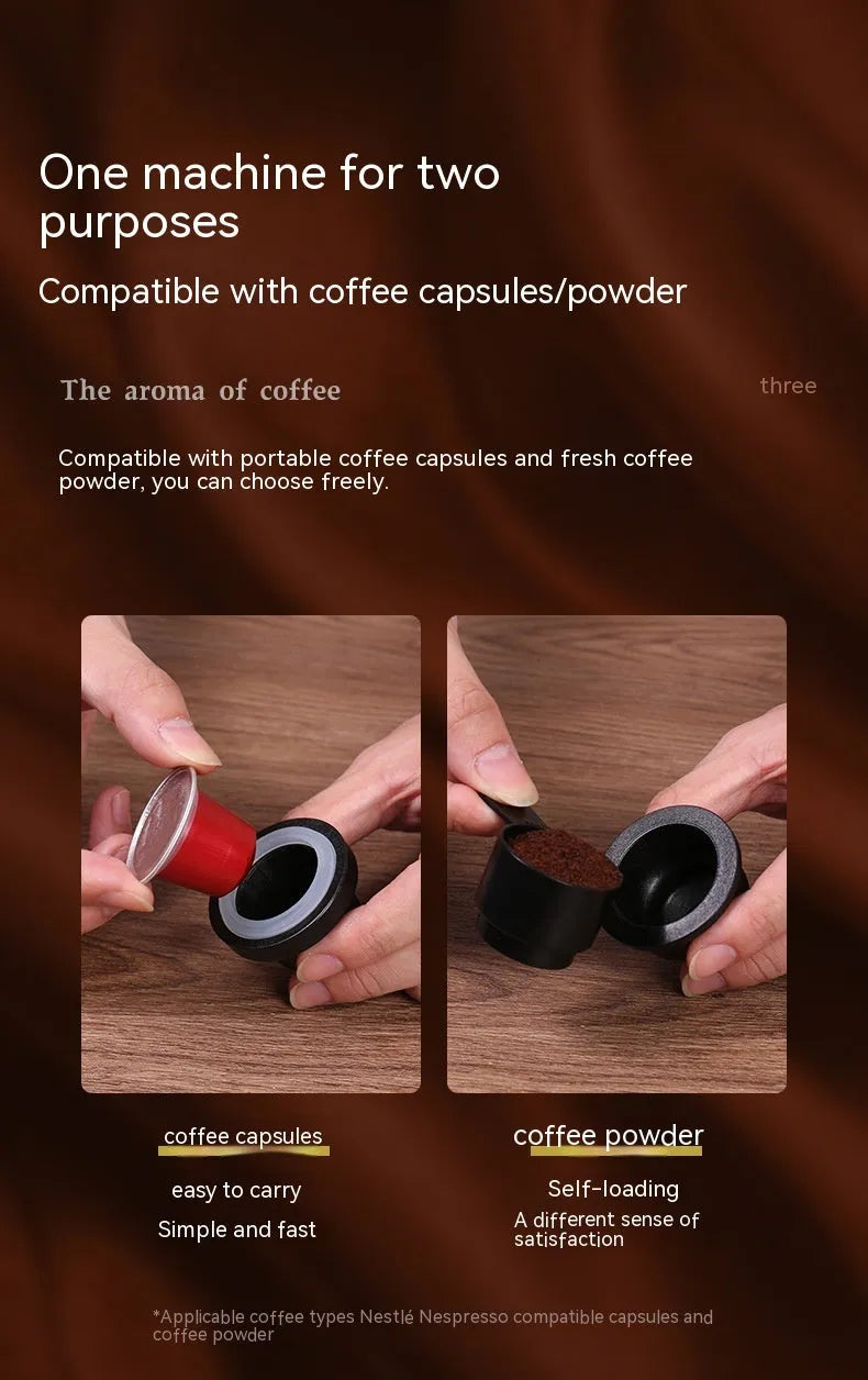 Portable dual-use coffee machine in Dark Starry Sky colour, compact 60x60x187mm size with one-button operation