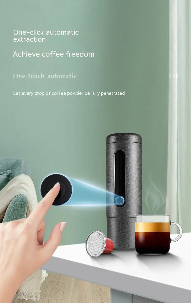 Portable dual-use coffee machine in Dark Starry Sky colour, compact 60x60x187mm size with one-button operation
