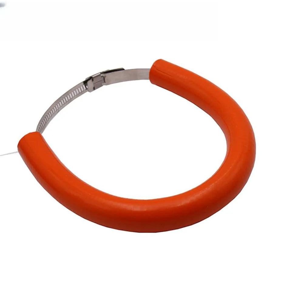 Universal motorcycle exhaust pipe anti-drop metal clamp in black, blue, or orange with included gasket.