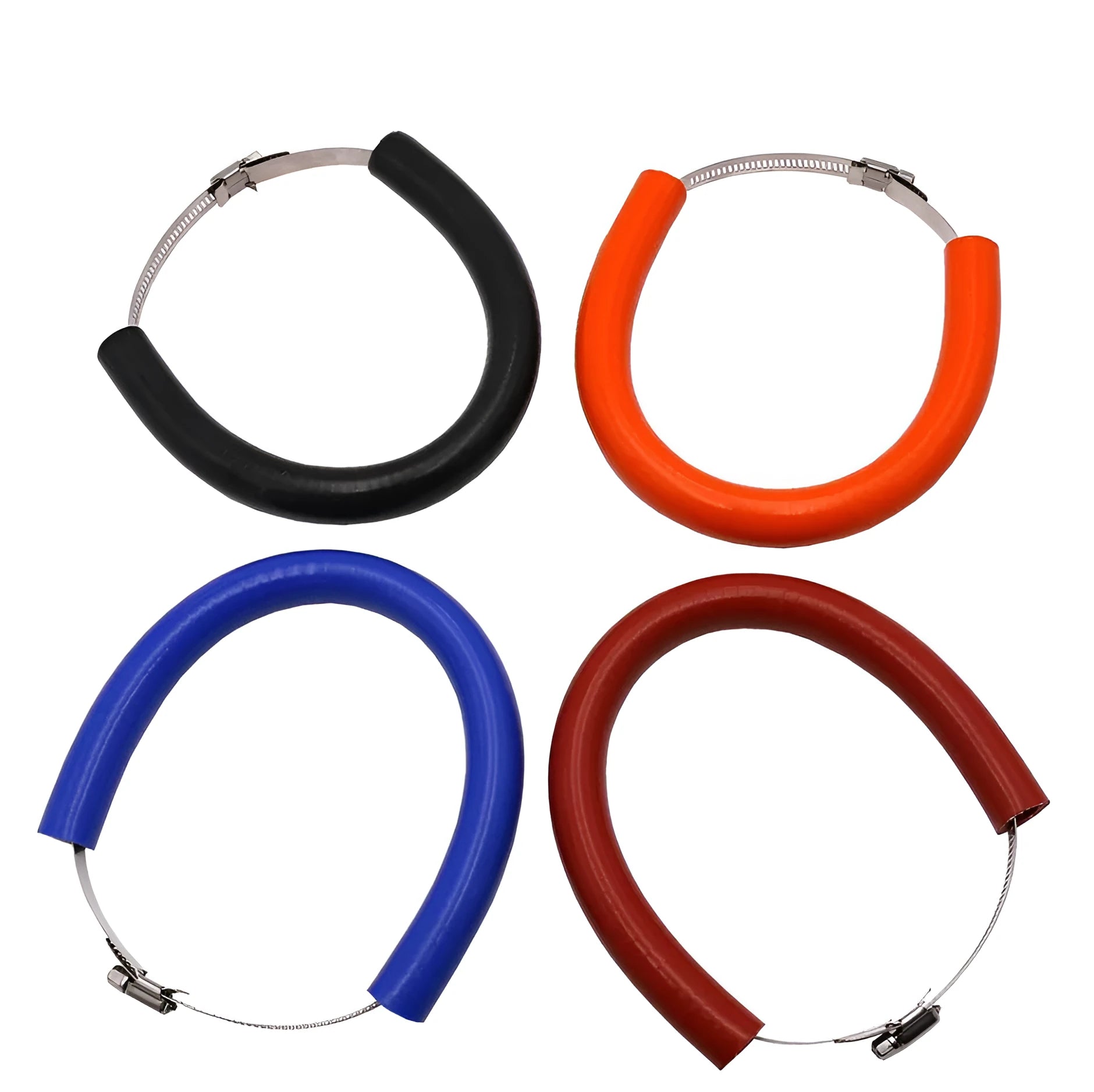 Universal motorcycle exhaust pipe anti-drop metal clamp in black, blue, or orange with included gasket.