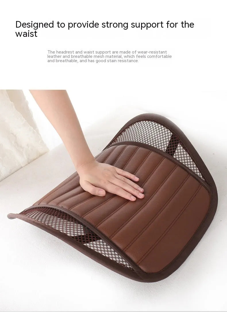 Leather lumbar support cushion with removable memory foam pad in sapphire blue colour on a car seat.