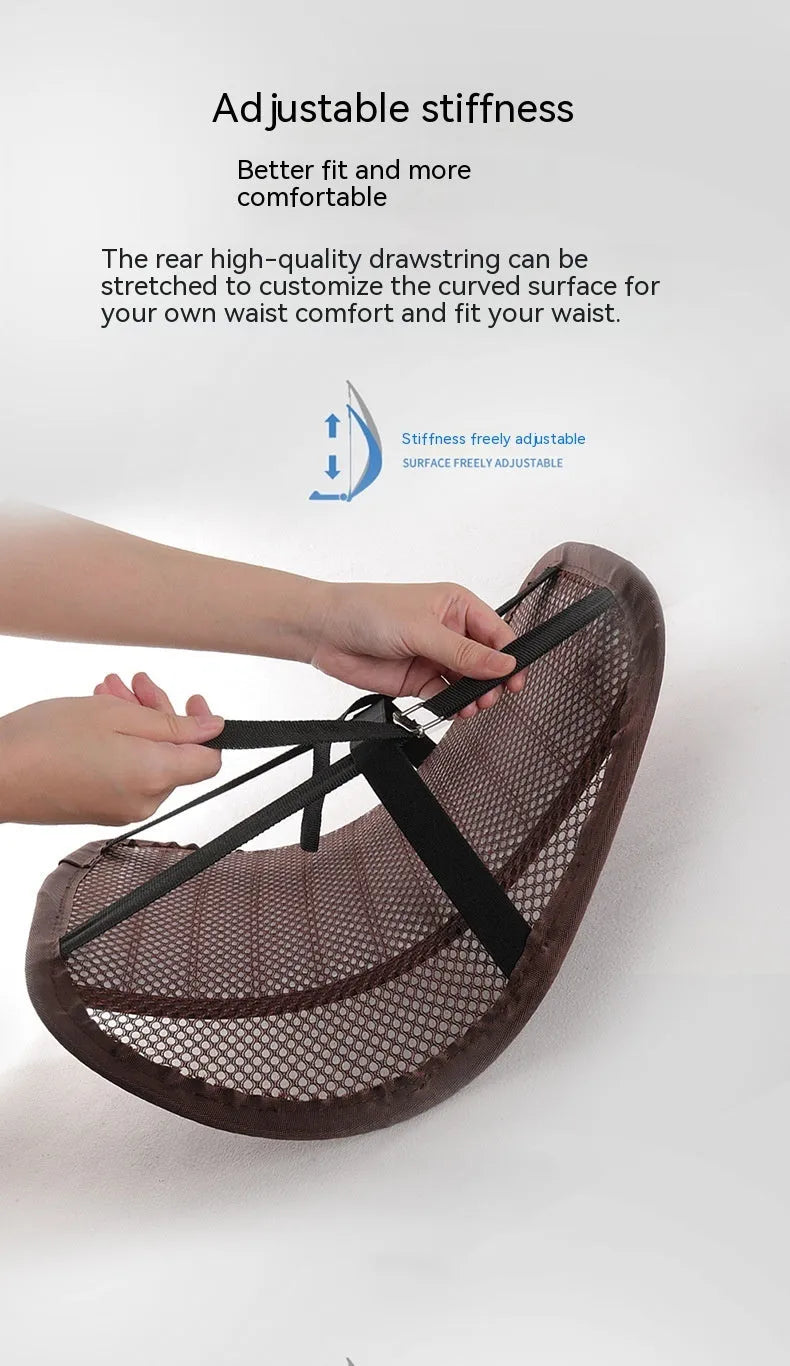 Leather lumbar support cushion with removable memory foam pad in sapphire blue colour on a car seat.