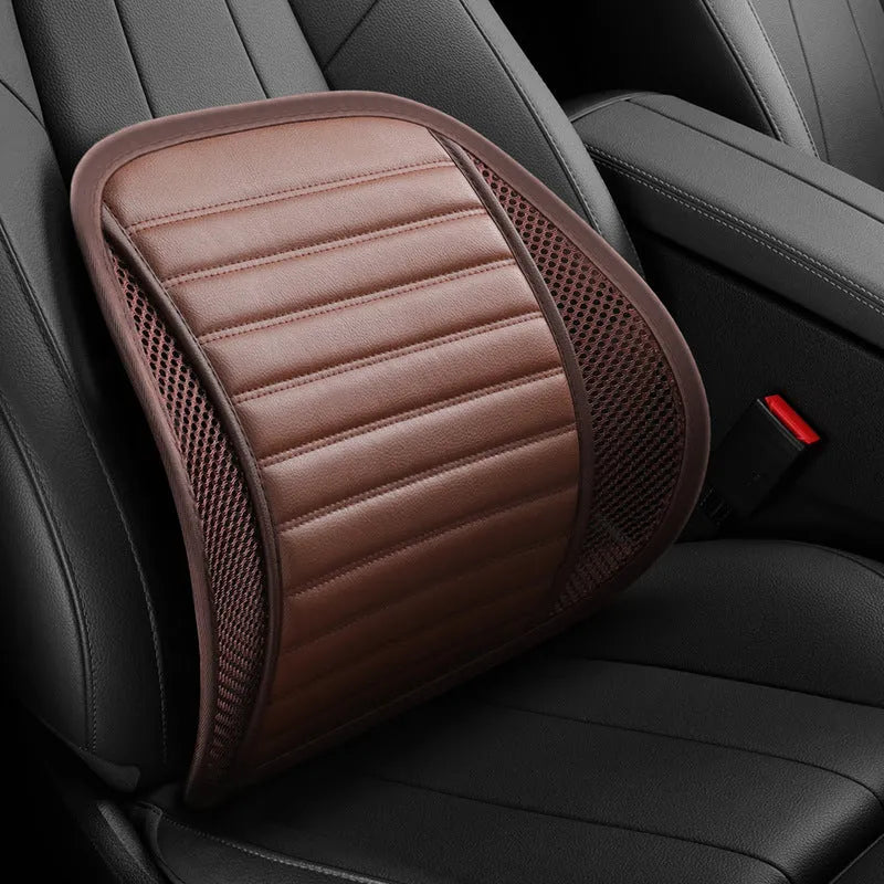 Leather lumbar support cushion with removable memory foam pad in sapphire blue colour on a car seat.