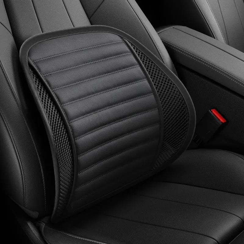 Leather lumbar support cushion with removable memory foam pad in sapphire blue colour on a car seat.