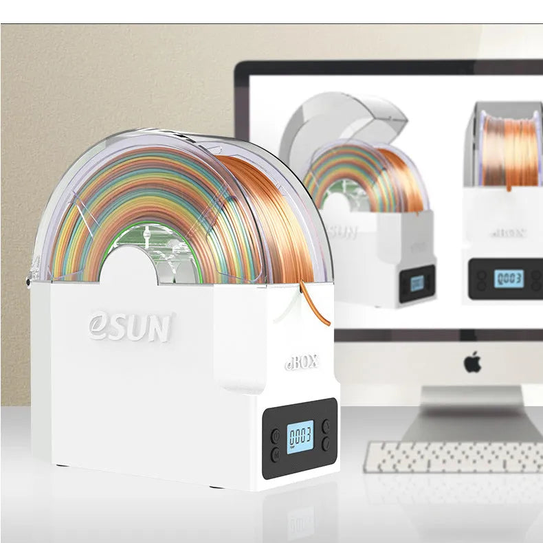 eBOX Lite 3D printing filament drying and storage box with wire heating, shown with adapter and plug options
