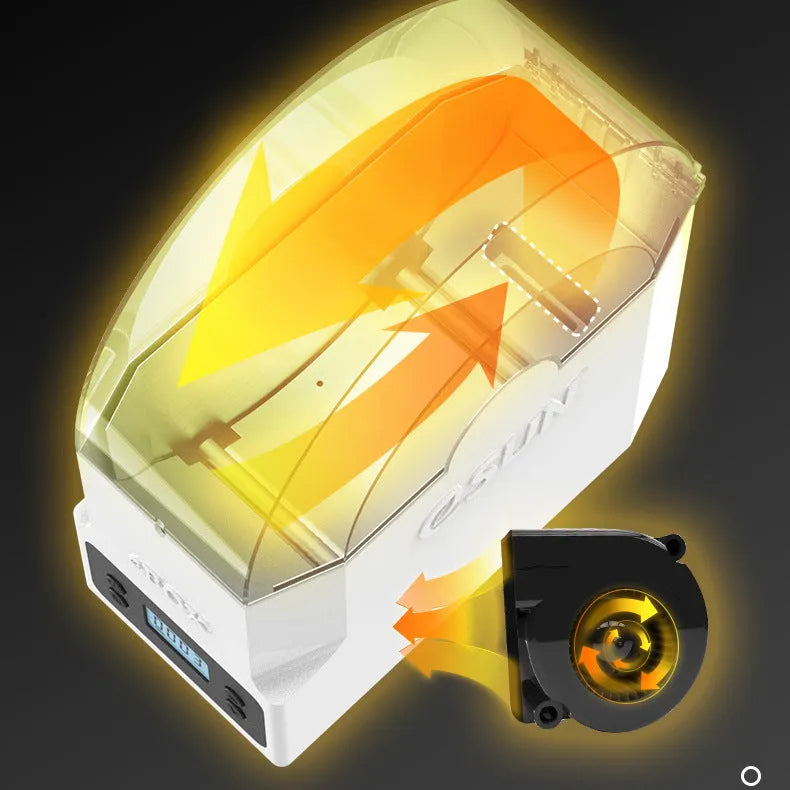 eBOX Lite 3D printing filament drying and storage box with wire heating, shown with adapter and plug options