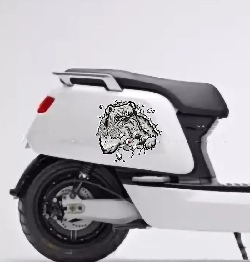Motorcycle decorative sticker with grey dog pattern measuring 17cm by 17cm