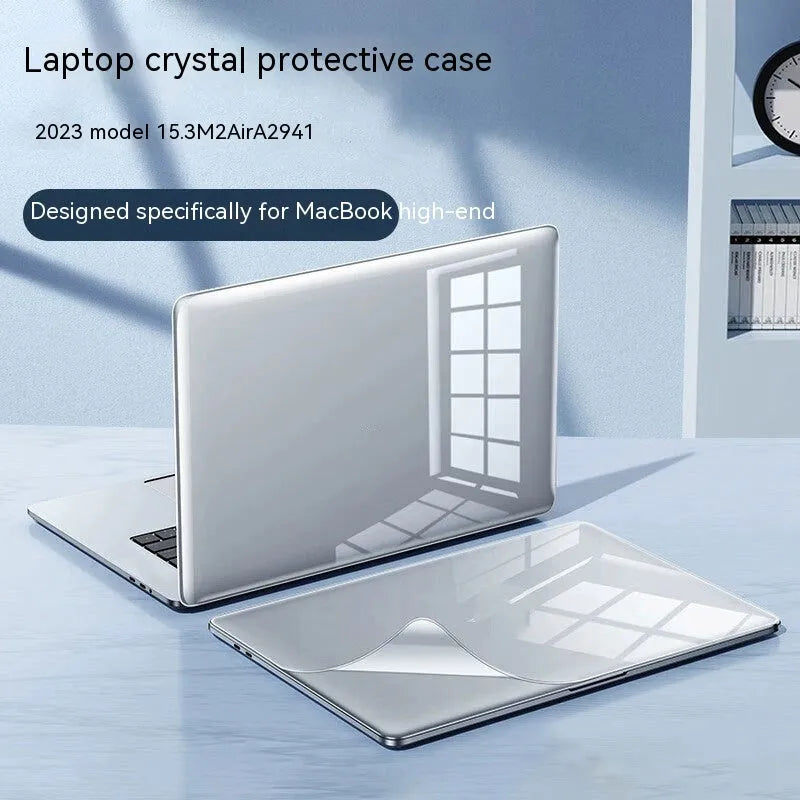 Hard plastic MacBook protective case shown in crystal transparent, black, frosted, and matte black finishes.
