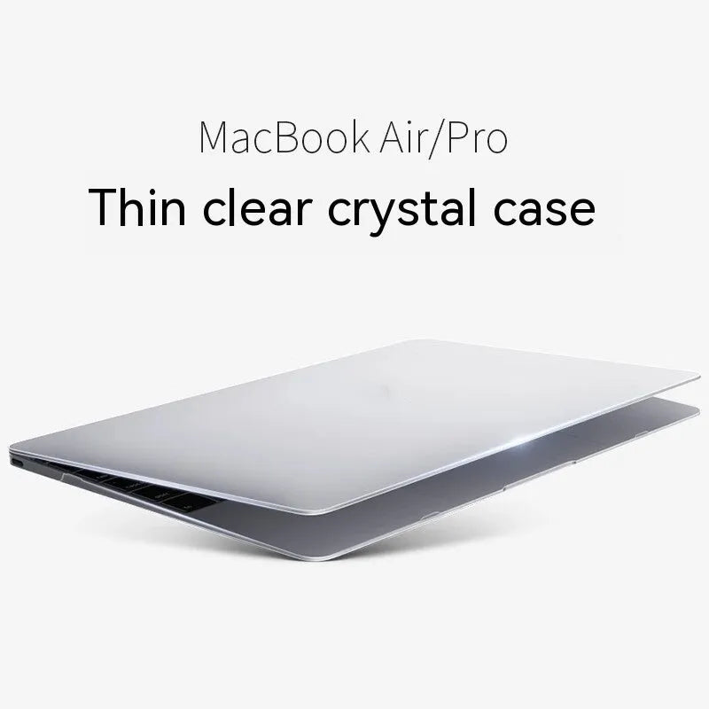 Hard plastic MacBook protective case shown in crystal transparent, black, frosted, and matte black finishes.