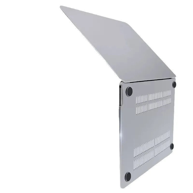 Hard plastic MacBook protective case shown in crystal transparent, black, frosted, and matte black finishes.