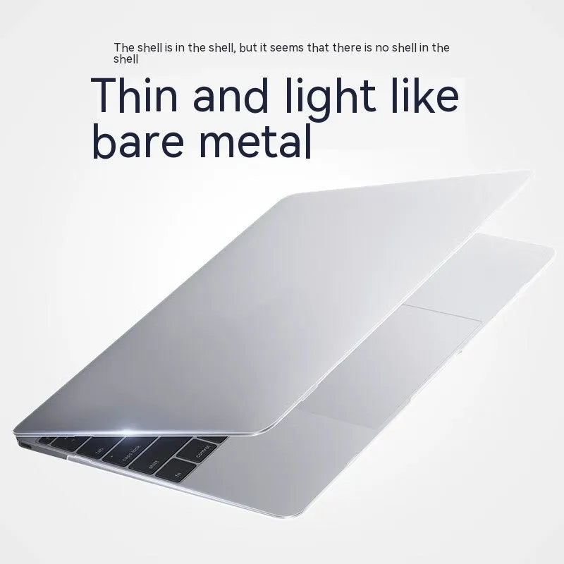Hard plastic MacBook protective case shown in crystal transparent, black, frosted, and matte black finishes.