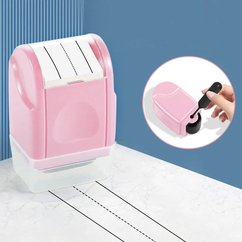 A plastic rectangle roller stamp for teaching, showing English line patterns in one of seven colours.